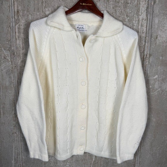Vintage Sweaters - Vintage 60s Cream Acrylic‎ Knit Cardigan Peter Pan Collar Button Front Japan WPL